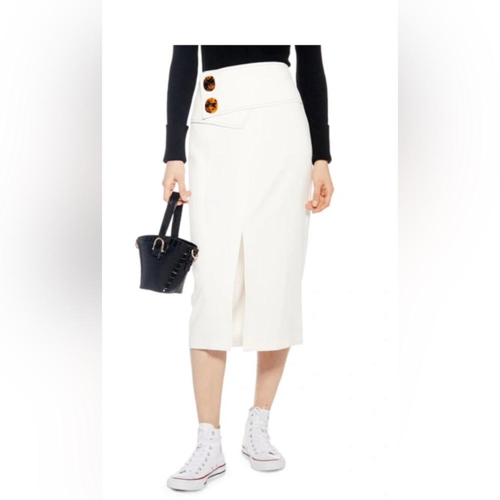 TOPSHOP Women's Button Waist Ivory Slit Midi Skirt Chic Y2K Preppy Size 4
